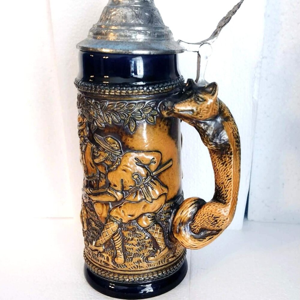Vintage Gerz W German Ceramic 3D Beer Stein Hunting Scene with Fox Handle